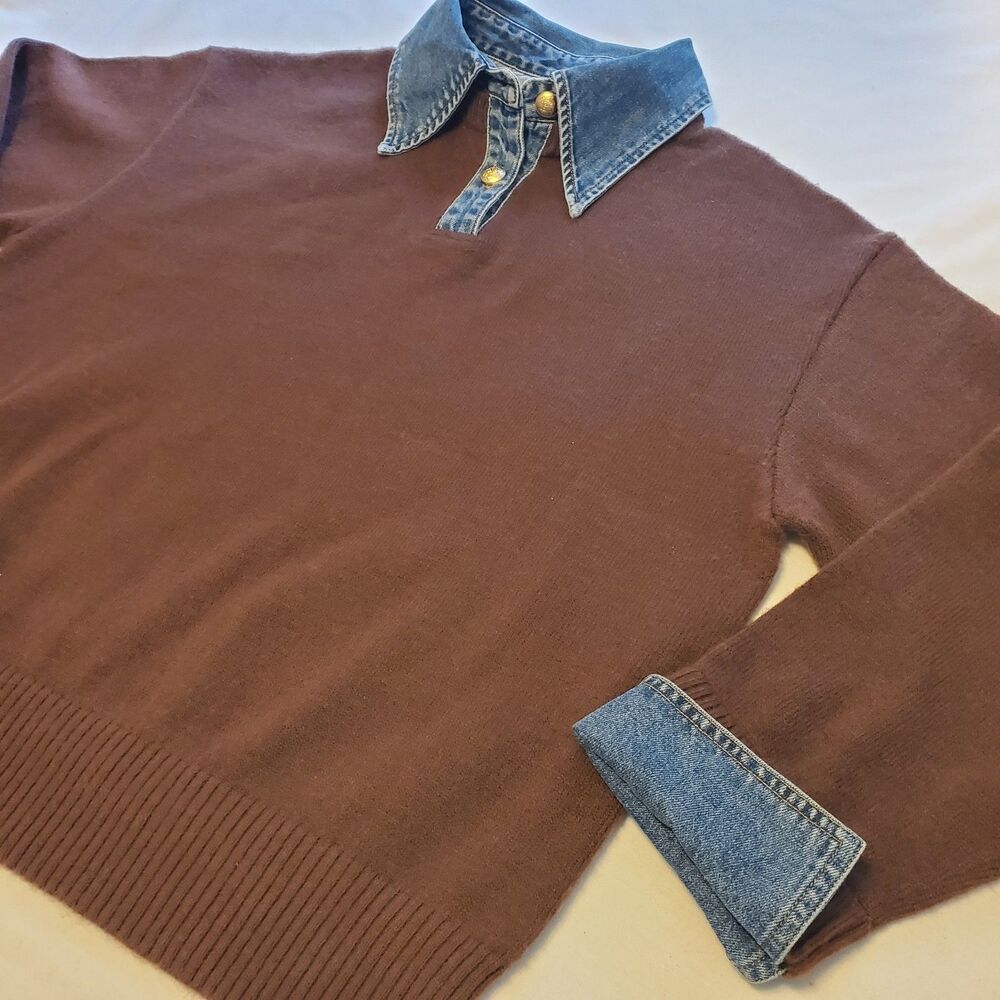 Revolve Commence Denim Collared Brown Sweater Womens Sz M Preppy Chic - Picture 4 of 11